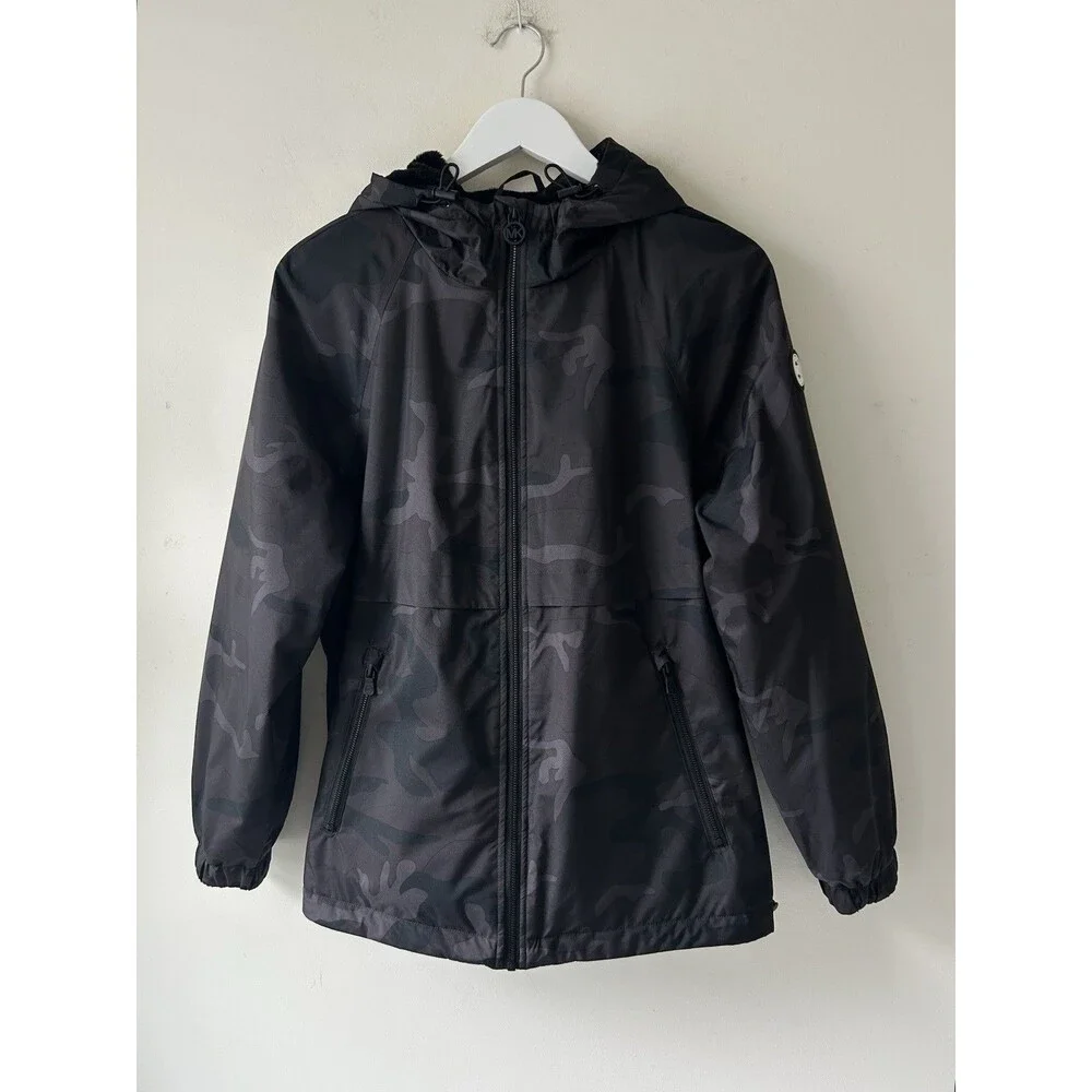 Michael Kors Black Gray Camouflage Hooded Jacket Size L Zippers Pockets